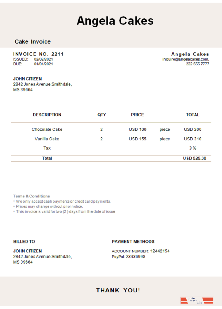 USA Angela Cakes invoice PSD template